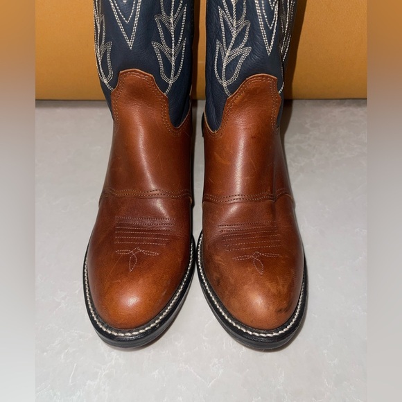 Double H Brown and Blue Cowboy Boots with Decorative Stitching EUC - Picture 3 of 10